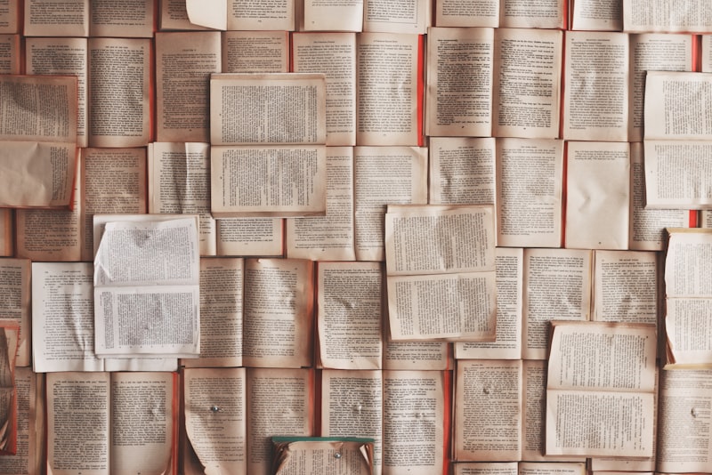 Rows of books on shelves seen from a low angle in a library